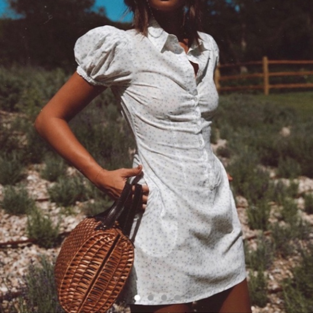 We Wore What Elle Floral Puff-sleeve  Dress In White Size S